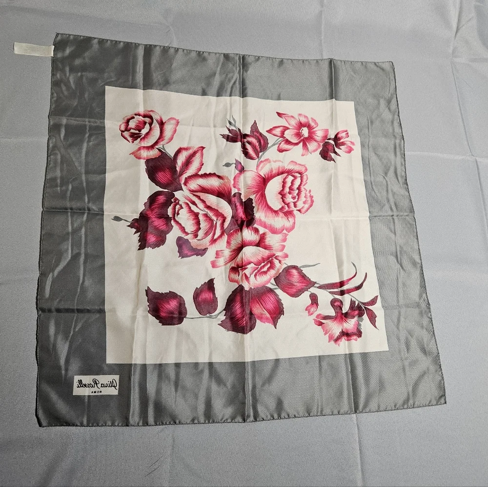 Olivia Rosselli VTG Floral Romantic Rose Pink Gray Square Scarf Made In Italy